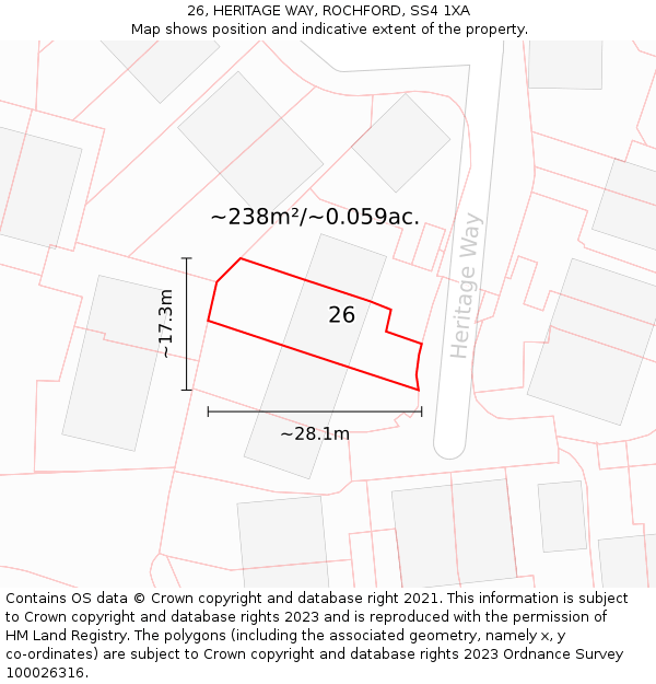 26, HERITAGE WAY, ROCHFORD, SS4 1XA: Plot and title map