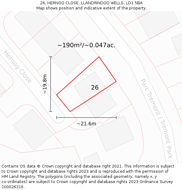 26, HERNOG CLOSE, LLANDRINDOD WELLS, LD1 5BA: Plot and title map