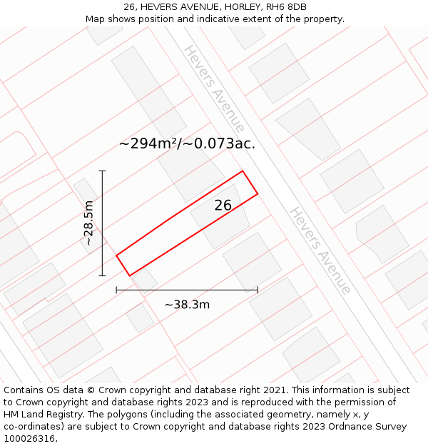 26, HEVERS AVENUE, HORLEY, RH6 8DB: Plot and title map