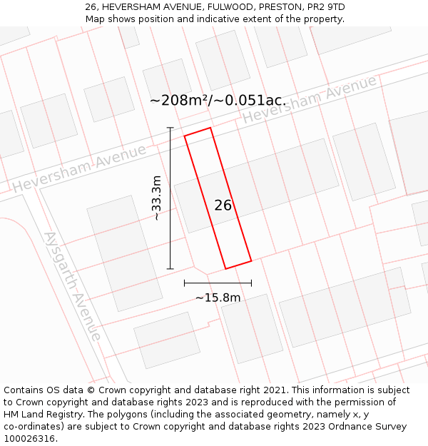 26, HEVERSHAM AVENUE, FULWOOD, PRESTON, PR2 9TD: Plot and title map