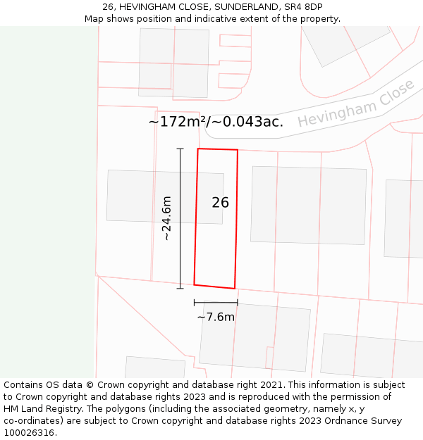 26, HEVINGHAM CLOSE, SUNDERLAND, SR4 8DP: Plot and title map