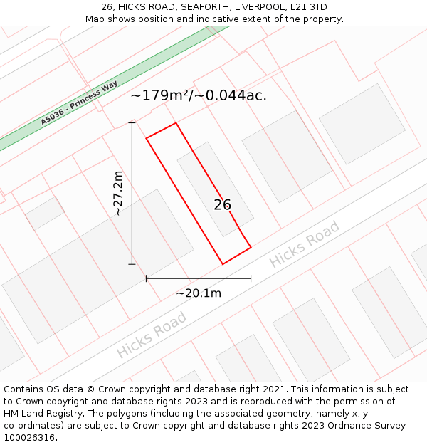 26, HICKS ROAD, SEAFORTH, LIVERPOOL, L21 3TD: Plot and title map