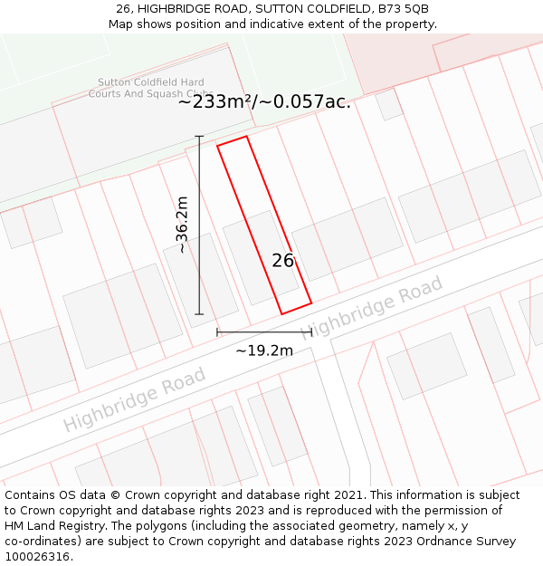 26, HIGHBRIDGE ROAD, SUTTON COLDFIELD, B73 5QB: Plot and title map