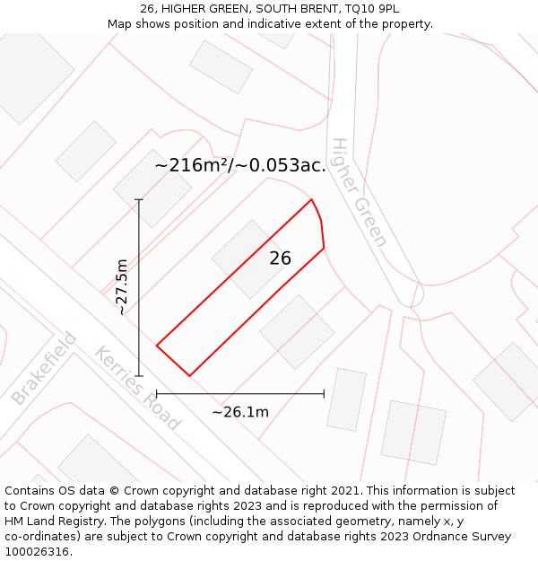 26, HIGHER GREEN, SOUTH BRENT, TQ10 9PL: Plot and title map