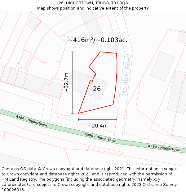 26, HIGHERTOWN, TRURO, TR1 3QA: Plot and title map