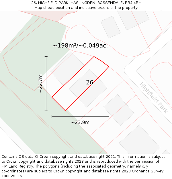 26, HIGHFIELD PARK, HASLINGDEN, ROSSENDALE, BB4 4BH: Plot and title map