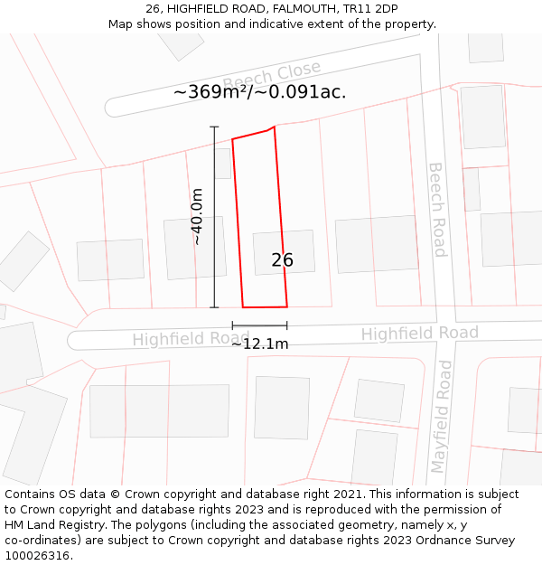 26, HIGHFIELD ROAD, FALMOUTH, TR11 2DP: Plot and title map