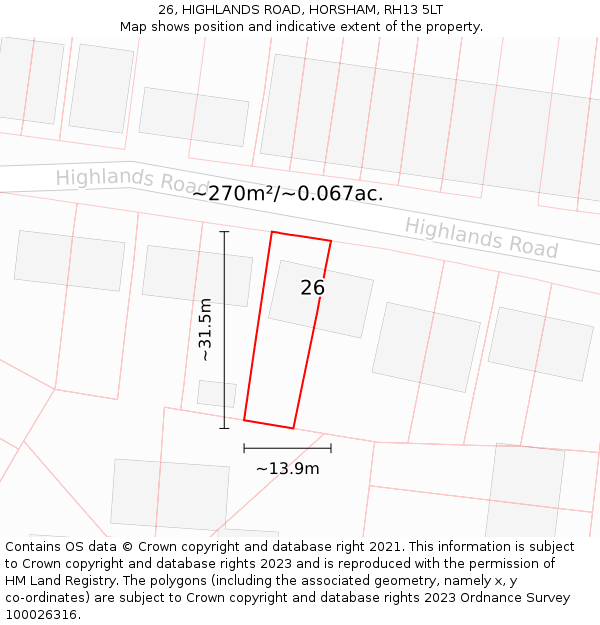 26, HIGHLANDS ROAD, HORSHAM, RH13 5LT: Plot and title map
