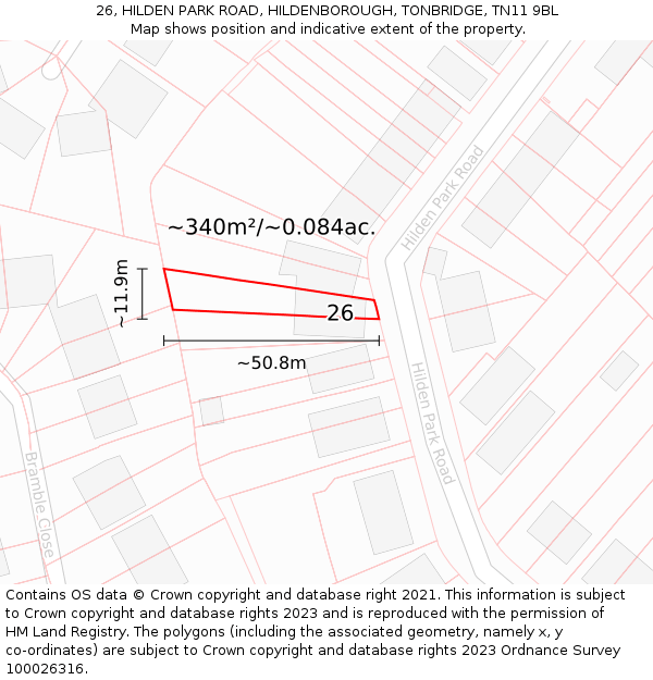 26, HILDEN PARK ROAD, HILDENBOROUGH, TONBRIDGE, TN11 9BL: Plot and title map