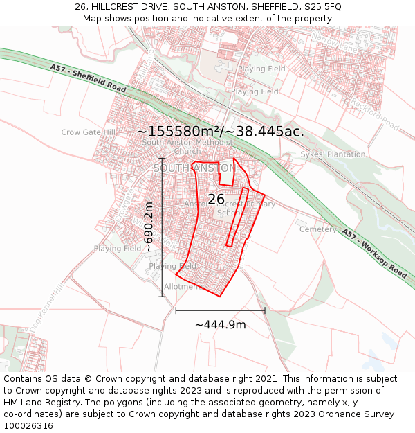 26, HILLCREST DRIVE, SOUTH ANSTON, SHEFFIELD, S25 5FQ: Plot and title map