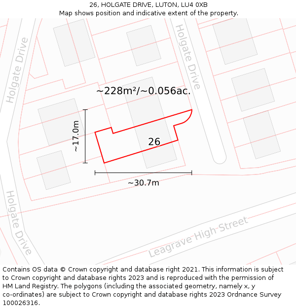 26, HOLGATE DRIVE, LUTON, LU4 0XB: Plot and title map