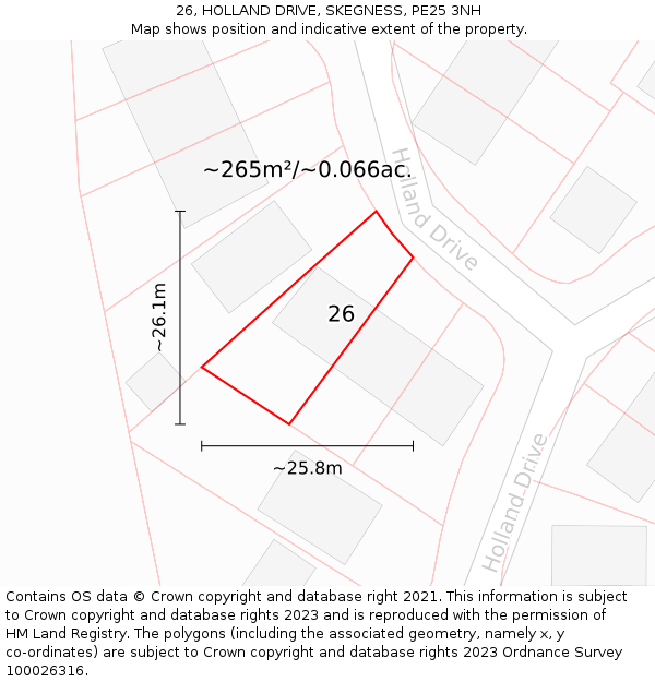 26, HOLLAND DRIVE, SKEGNESS, PE25 3NH: Plot and title map