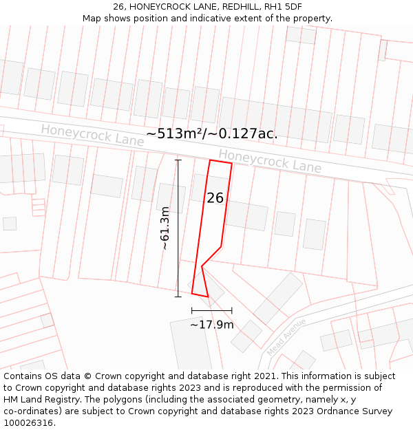 26, HONEYCROCK LANE, REDHILL, RH1 5DF: Plot and title map