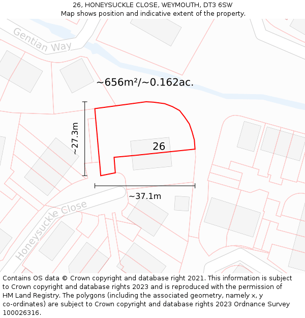 26, HONEYSUCKLE CLOSE, WEYMOUTH, DT3 6SW: Plot and title map