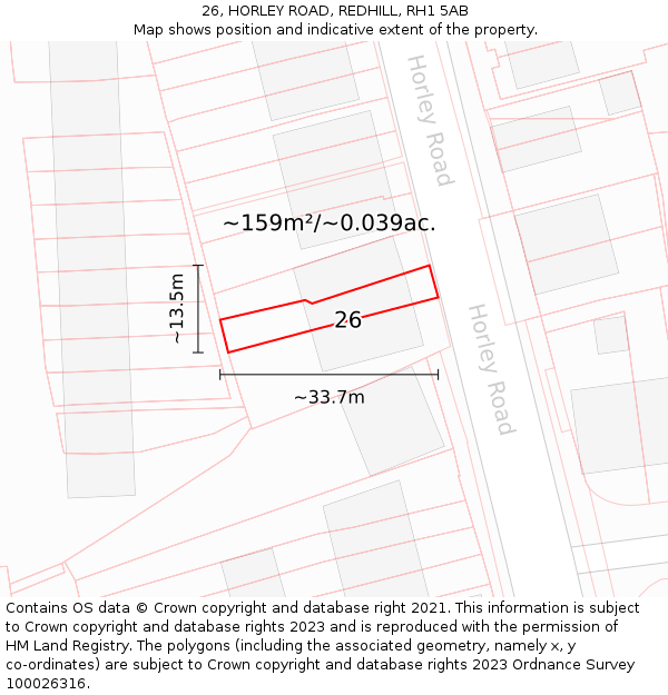 26, HORLEY ROAD, REDHILL, RH1 5AB: Plot and title map