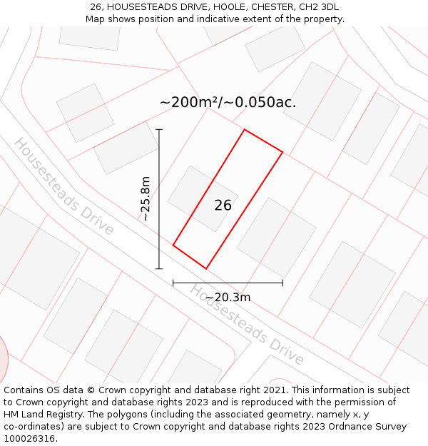 26, HOUSESTEADS DRIVE, HOOLE, CHESTER, CH2 3DL: Plot and title map