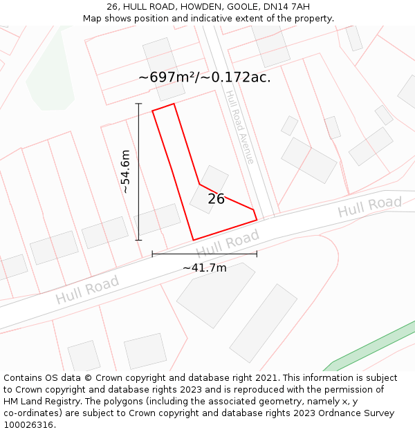 26, HULL ROAD, HOWDEN, GOOLE, DN14 7AH: Plot and title map