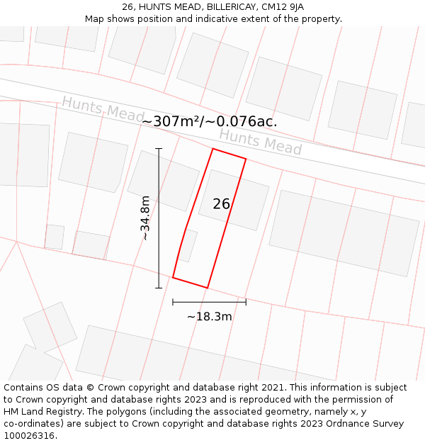 26, HUNTS MEAD, BILLERICAY, CM12 9JA: Plot and title map