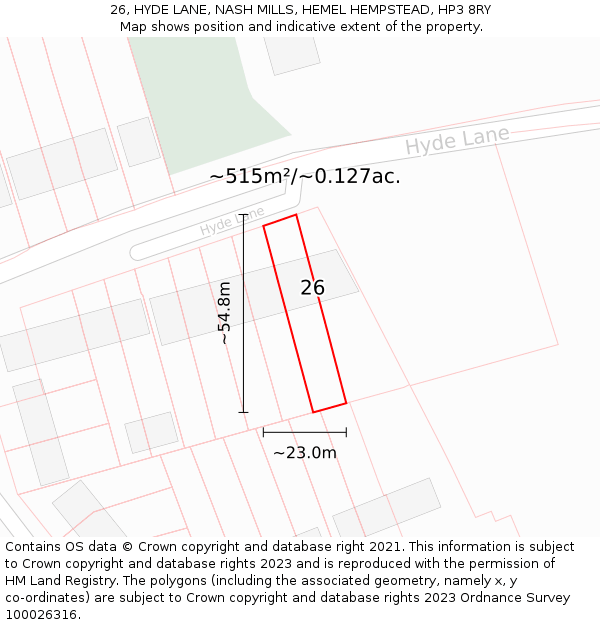 26, HYDE LANE, NASH MILLS, HEMEL HEMPSTEAD, HP3 8RY: Plot and title map