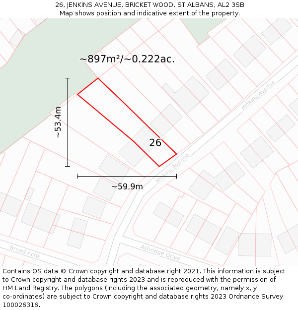 26, JENKINS AVENUE, BRICKET WOOD, ST ALBANS, AL2 3SB: Plot and title map