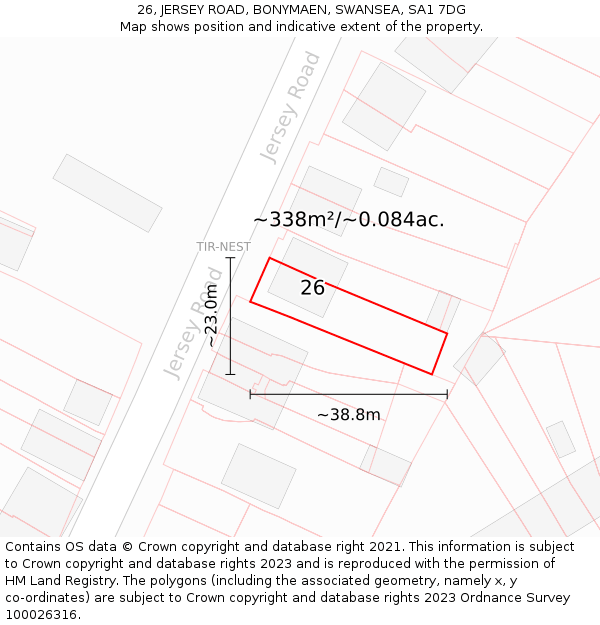 26, JERSEY ROAD, BONYMAEN, SWANSEA, SA1 7DG: Plot and title map