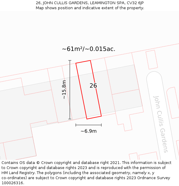26, JOHN CULLIS GARDENS, LEAMINGTON SPA, CV32 6JP: Plot and title map