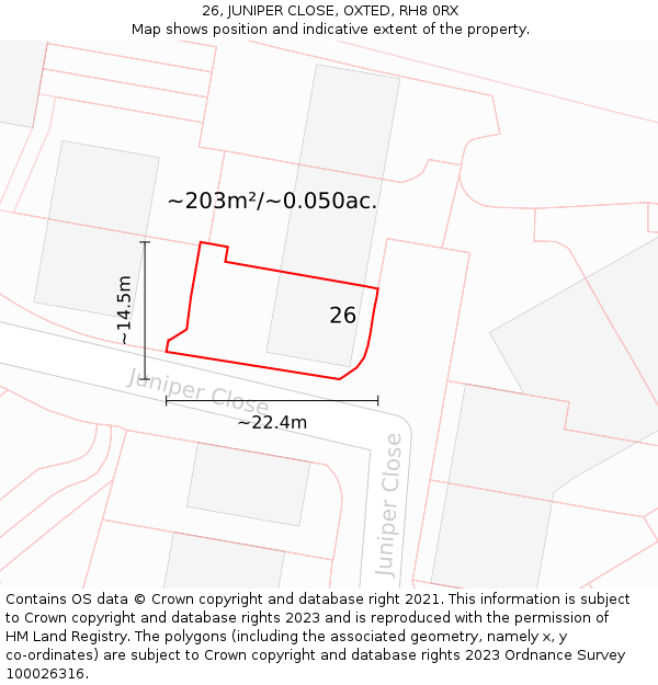 26, JUNIPER CLOSE, OXTED, RH8 0RX: Plot and title map