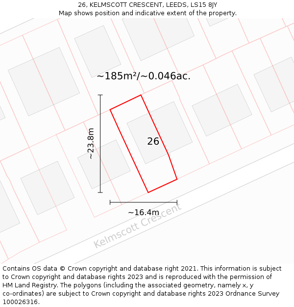 26, KELMSCOTT CRESCENT, LEEDS, LS15 8JY: Plot and title map