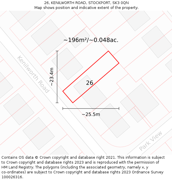 26, KENILWORTH ROAD, STOCKPORT, SK3 0QN: Plot and title map