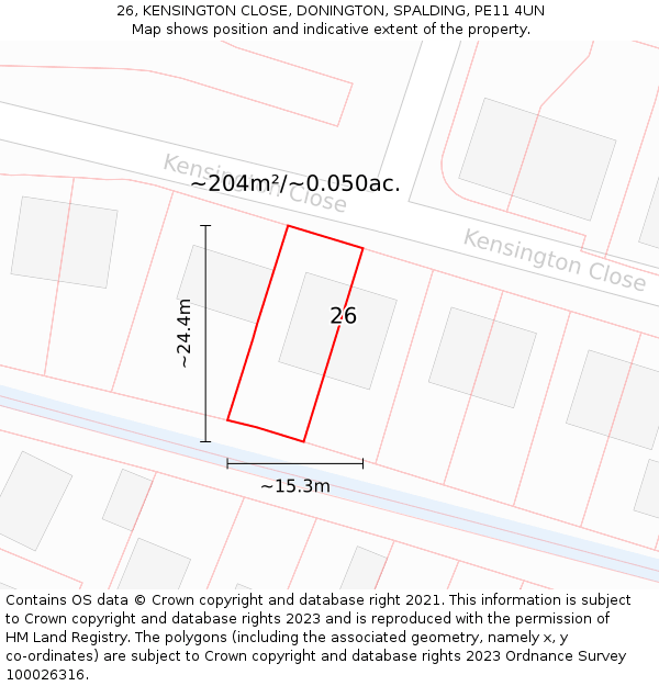 26, KENSINGTON CLOSE, DONINGTON, SPALDING, PE11 4UN: Plot and title map