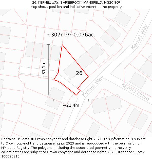 26, KERNEL WAY, SHIREBROOK, MANSFIELD, NG20 8GF: Plot and title map