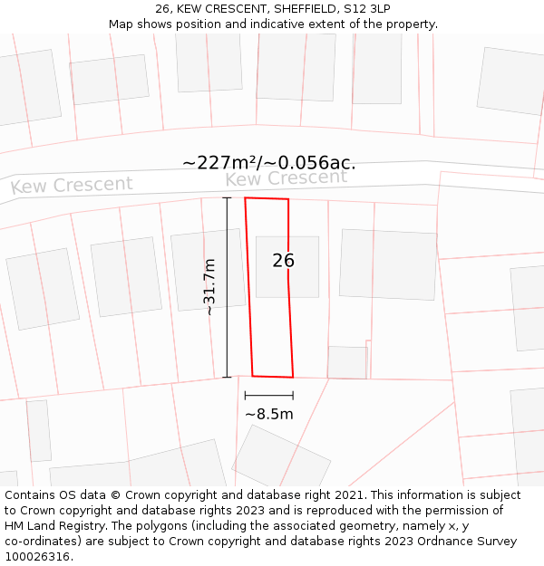 26, KEW CRESCENT, SHEFFIELD, S12 3LP: Plot and title map