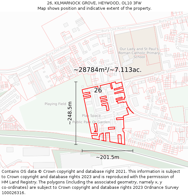 26, KILMARNOCK GROVE, HEYWOOD, OL10 3FW: Plot and title map