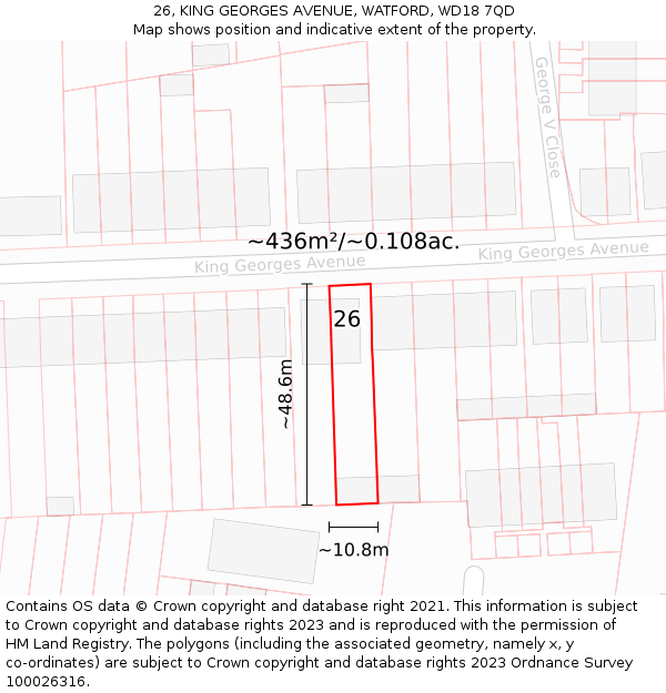 26, KING GEORGES AVENUE, WATFORD, WD18 7QD: Plot and title map