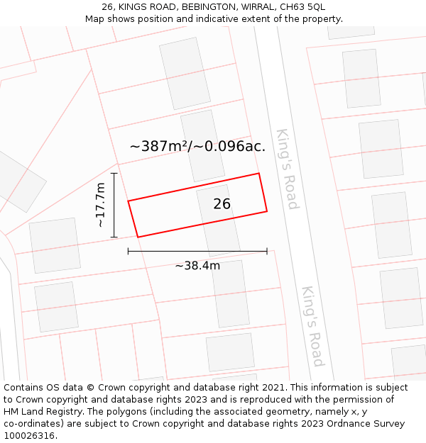 26, KINGS ROAD, BEBINGTON, WIRRAL, CH63 5QL: Plot and title map