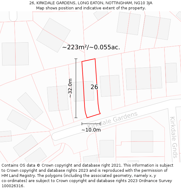 26, KIRKDALE GARDENS, LONG EATON, NOTTINGHAM, NG10 3JA: Plot and title map