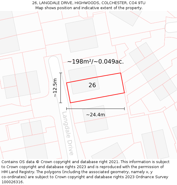 26, LANGDALE DRIVE, HIGHWOODS, COLCHESTER, CO4 9TU: Plot and title map