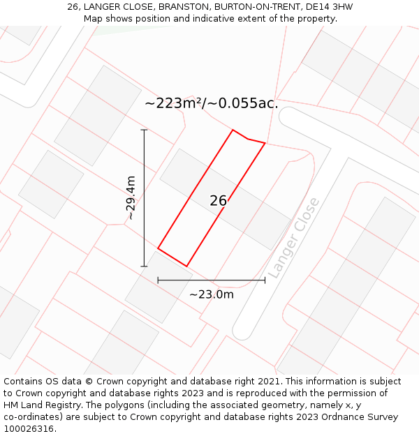 26, LANGER CLOSE, BRANSTON, BURTON-ON-TRENT, DE14 3HW: Plot and title map