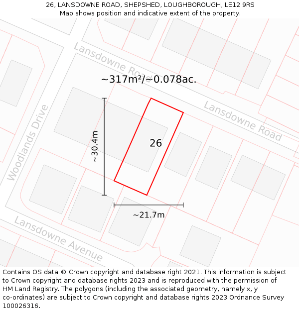 26, LANSDOWNE ROAD, SHEPSHED, LOUGHBOROUGH, LE12 9RS: Plot and title map