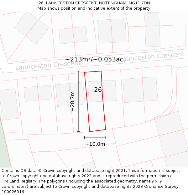 26, LAUNCESTON CRESCENT, NOTTINGHAM, NG11 7DN: Plot and title map