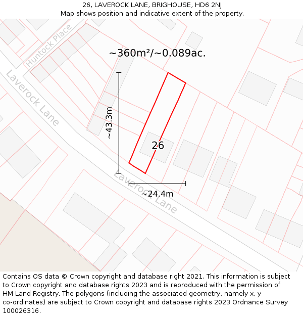 26, LAVEROCK LANE, BRIGHOUSE, HD6 2NJ: Plot and title map