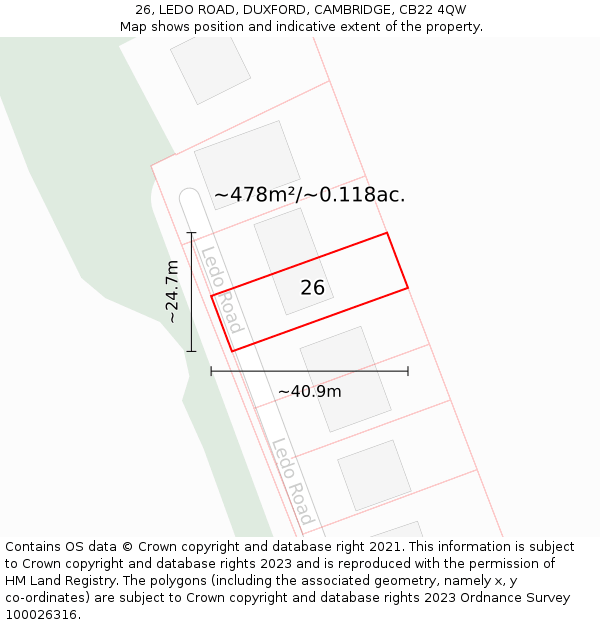 26, LEDO ROAD, DUXFORD, CAMBRIDGE, CB22 4QW: Plot and title map