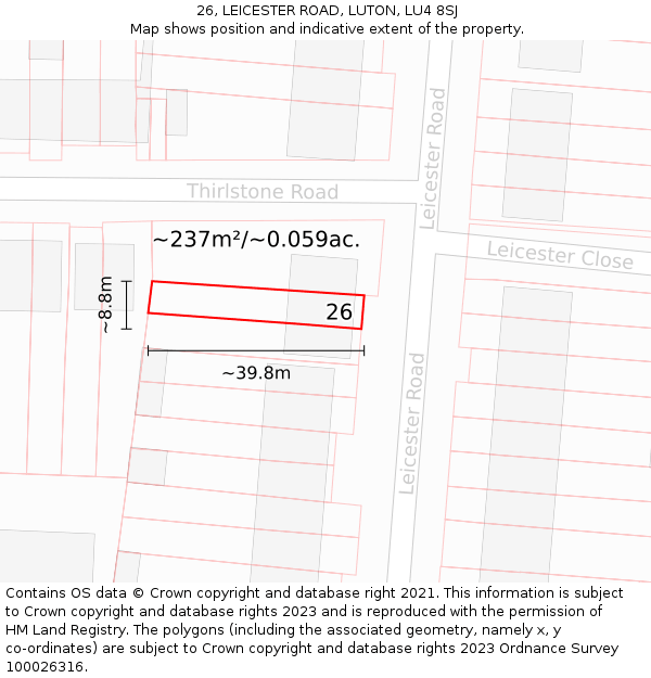 26, LEICESTER ROAD, LUTON, LU4 8SJ: Plot and title map