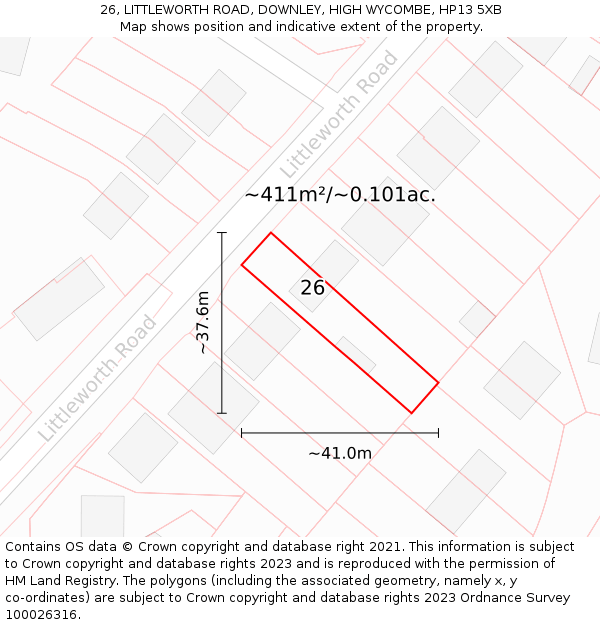 26, LITTLEWORTH ROAD, DOWNLEY, HIGH WYCOMBE, HP13 5XB: Plot and title map