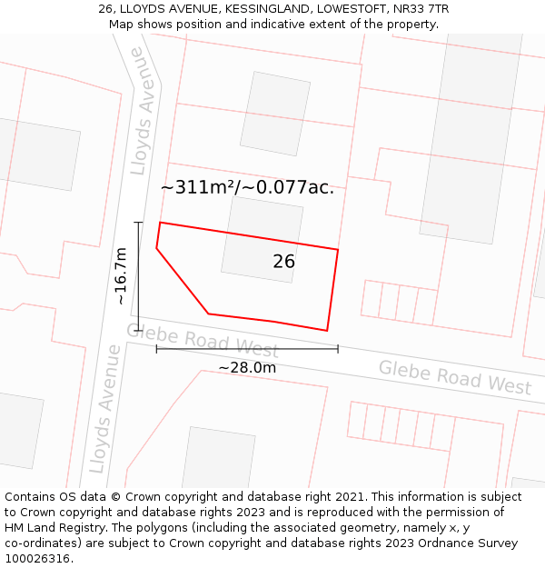 26, LLOYDS AVENUE, KESSINGLAND, LOWESTOFT, NR33 7TR: Plot and title map