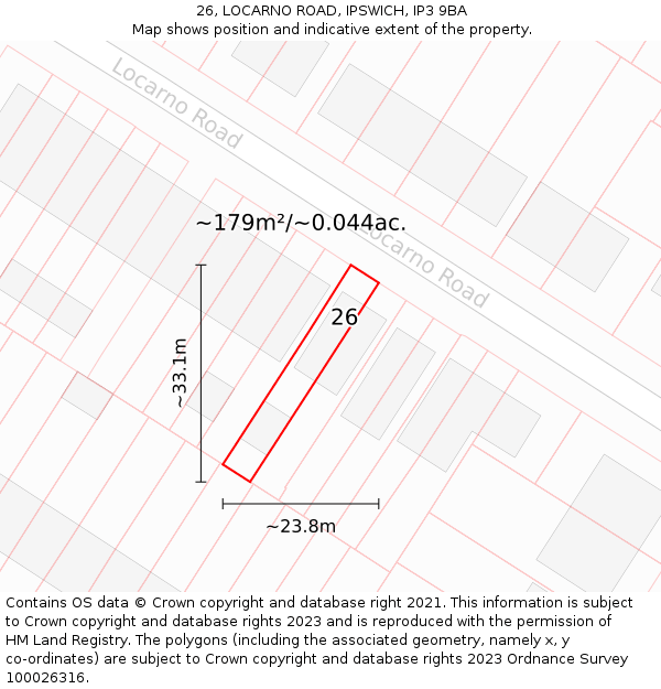 26, LOCARNO ROAD, IPSWICH, IP3 9BA: Plot and title map