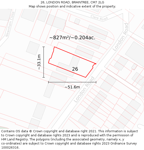 26, LONDON ROAD, BRAINTREE, CM7 2LG: Plot and title map