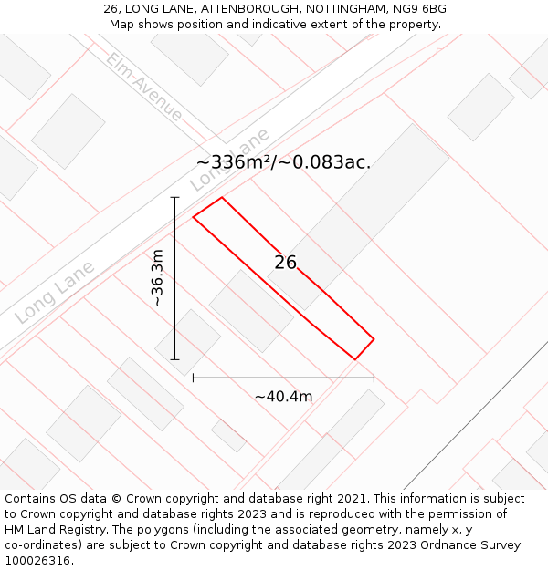 26, LONG LANE, ATTENBOROUGH, NOTTINGHAM, NG9 6BG: Plot and title map