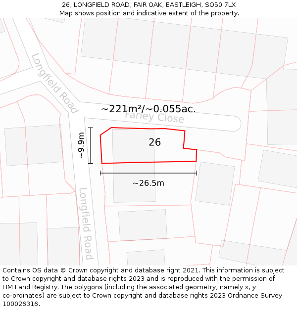 26, LONGFIELD ROAD, FAIR OAK, EASTLEIGH, SO50 7LX: Plot and title map