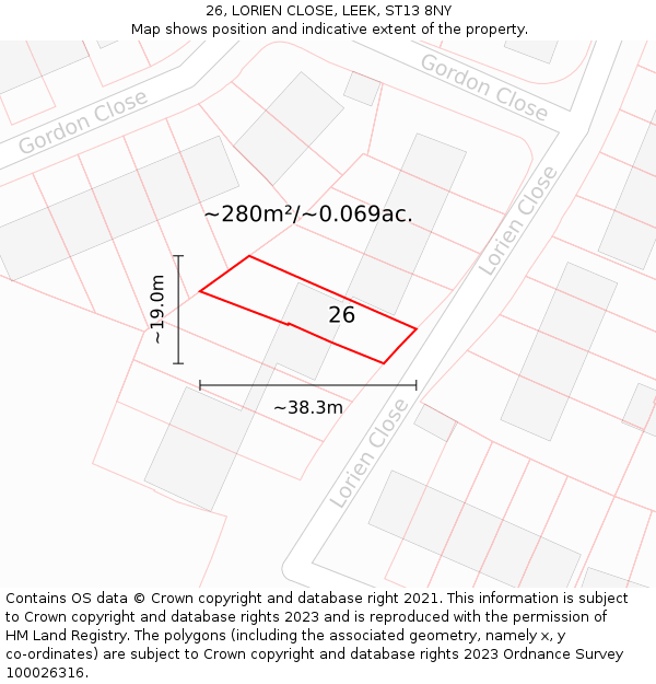 26, LORIEN CLOSE, LEEK, ST13 8NY: Plot and title map